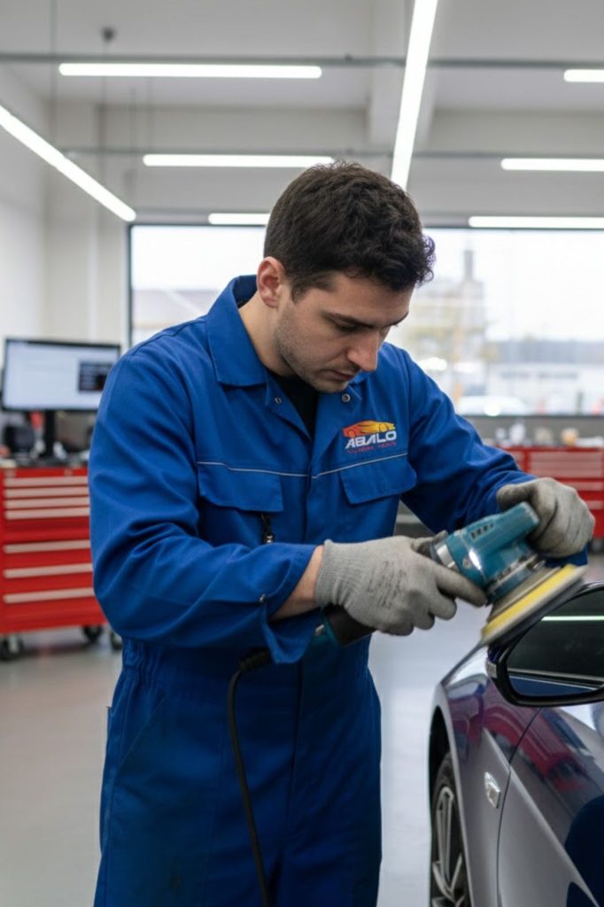 Técnico automotriz en taller especializado realizando pulido de carrocería de un coche con herramienta eléctrica.