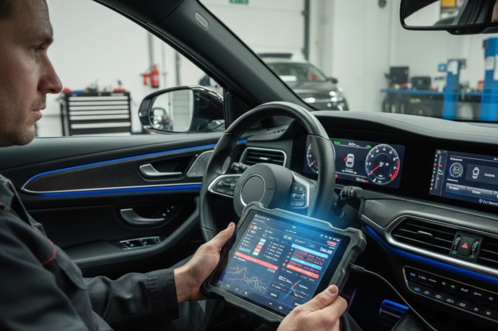 Técnico automotriz utilizando una tablet para diagnósticos avanzados en un vehículo moderno.