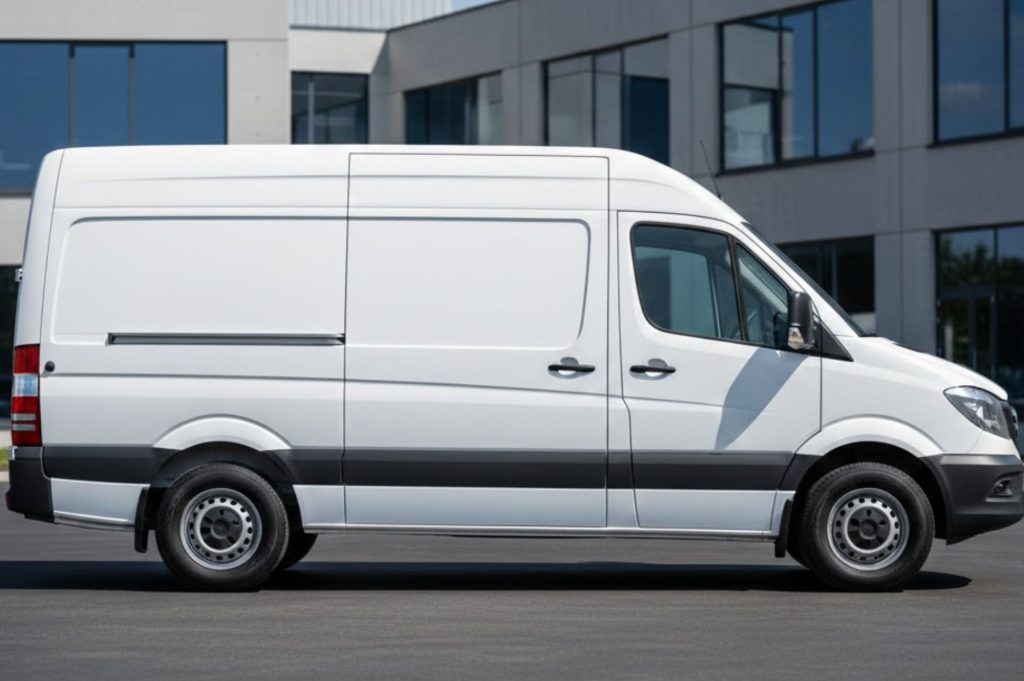 Furgoneta comercial blanca de gran tamaño estacionada frente a un edificio moderno.