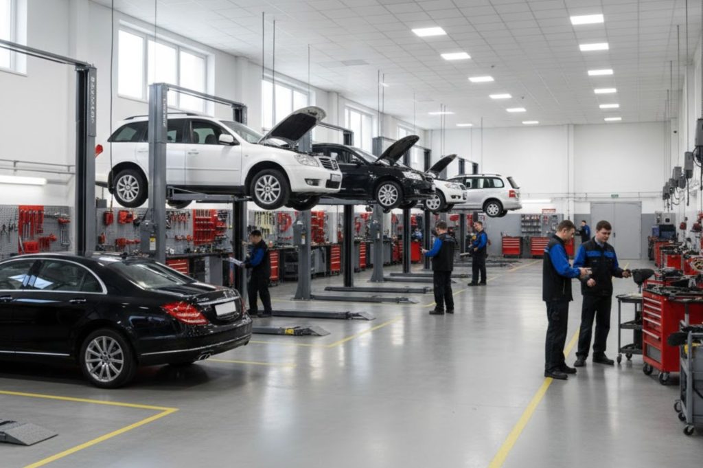 Taller mecánico moderno con automóviles en elevadores y técnicos trabajando