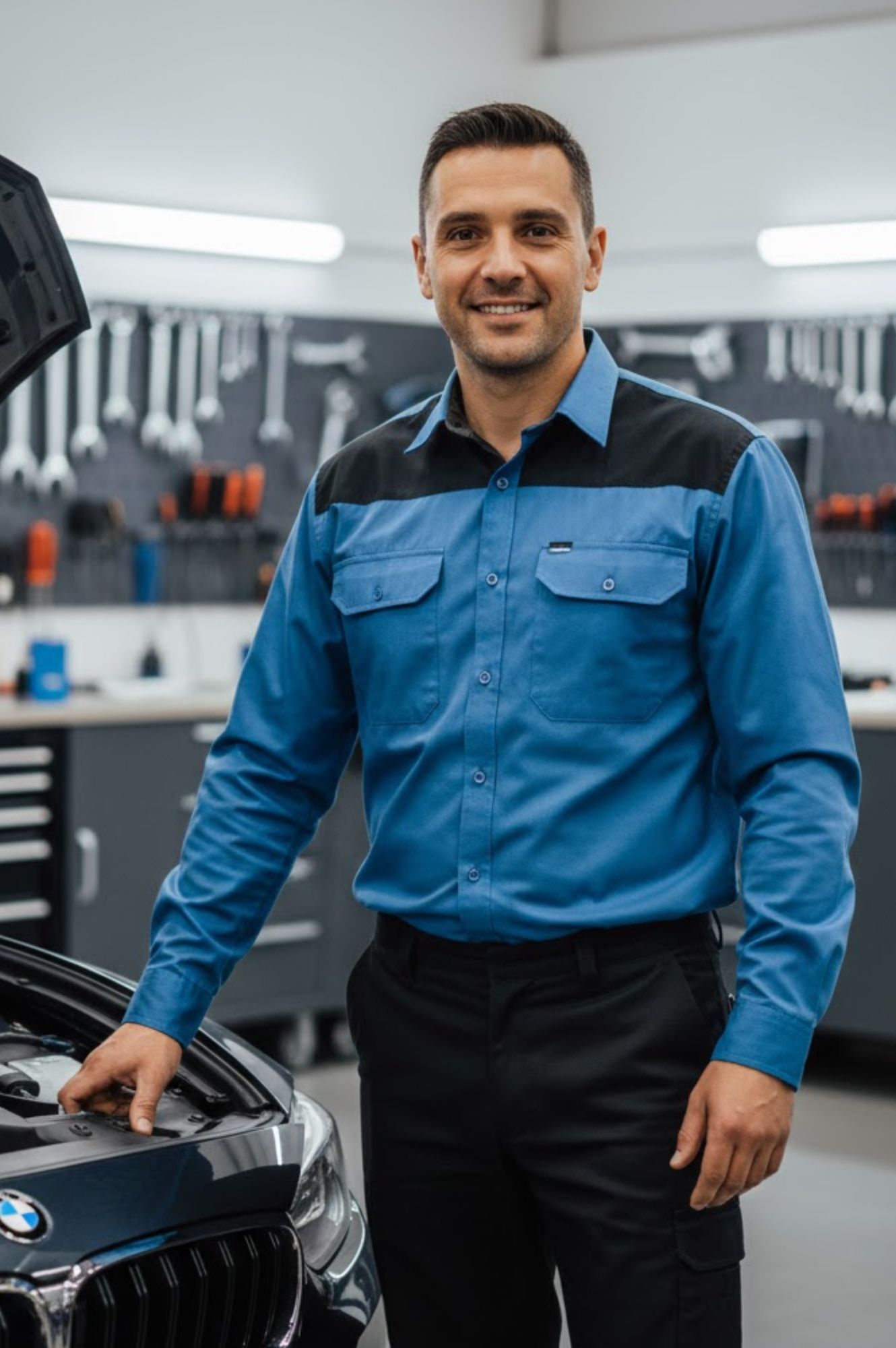 Técnico automotriz sonriendo mientras inspecciona un motor BMW en un moderno taller de reparación.
