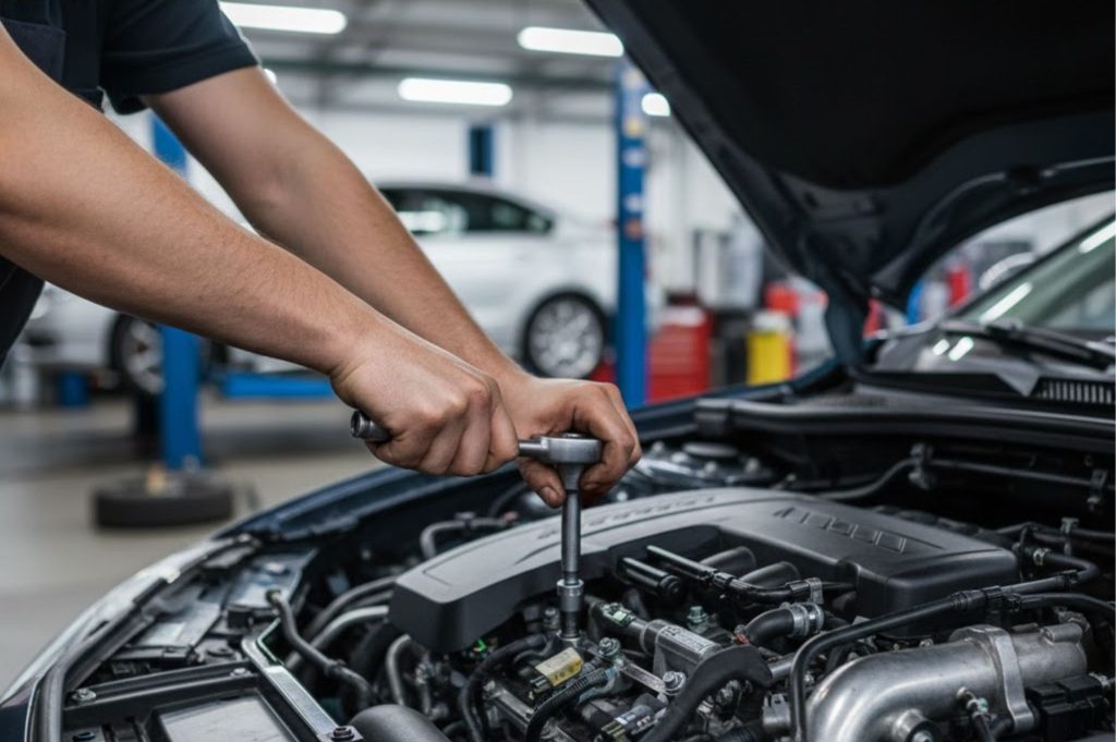 Mecánico realizando mantenimiento en motor de automóvil en un taller profesional.
