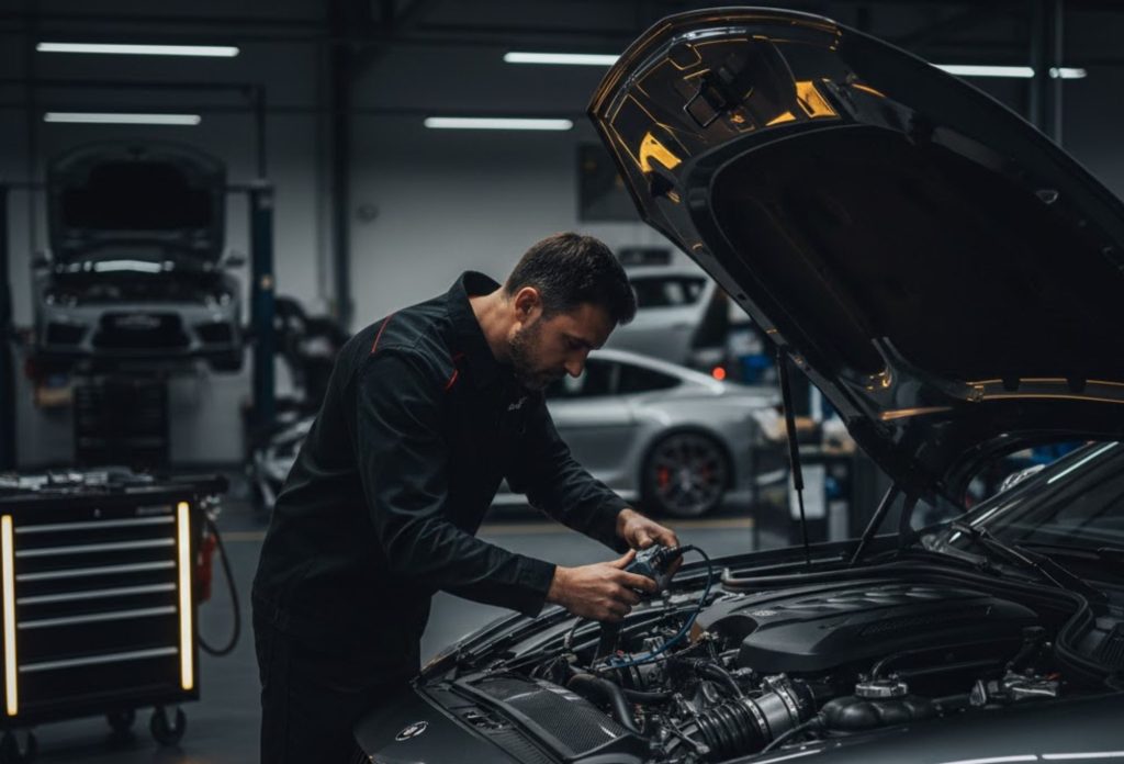 Mecánico trabajando en el motor de un automóvil en un taller mecánico moderno