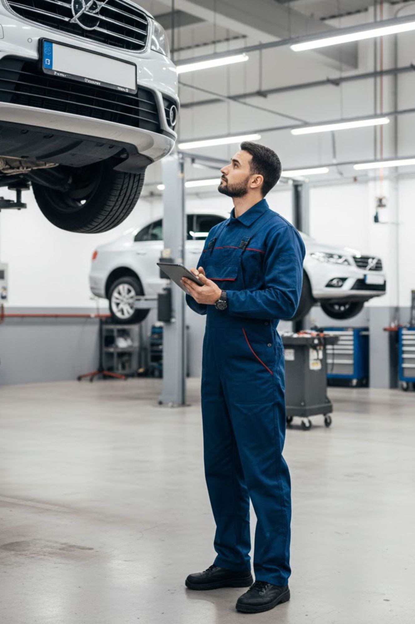 Mecánico profesional revisa un coche en elevador en un taller moderno