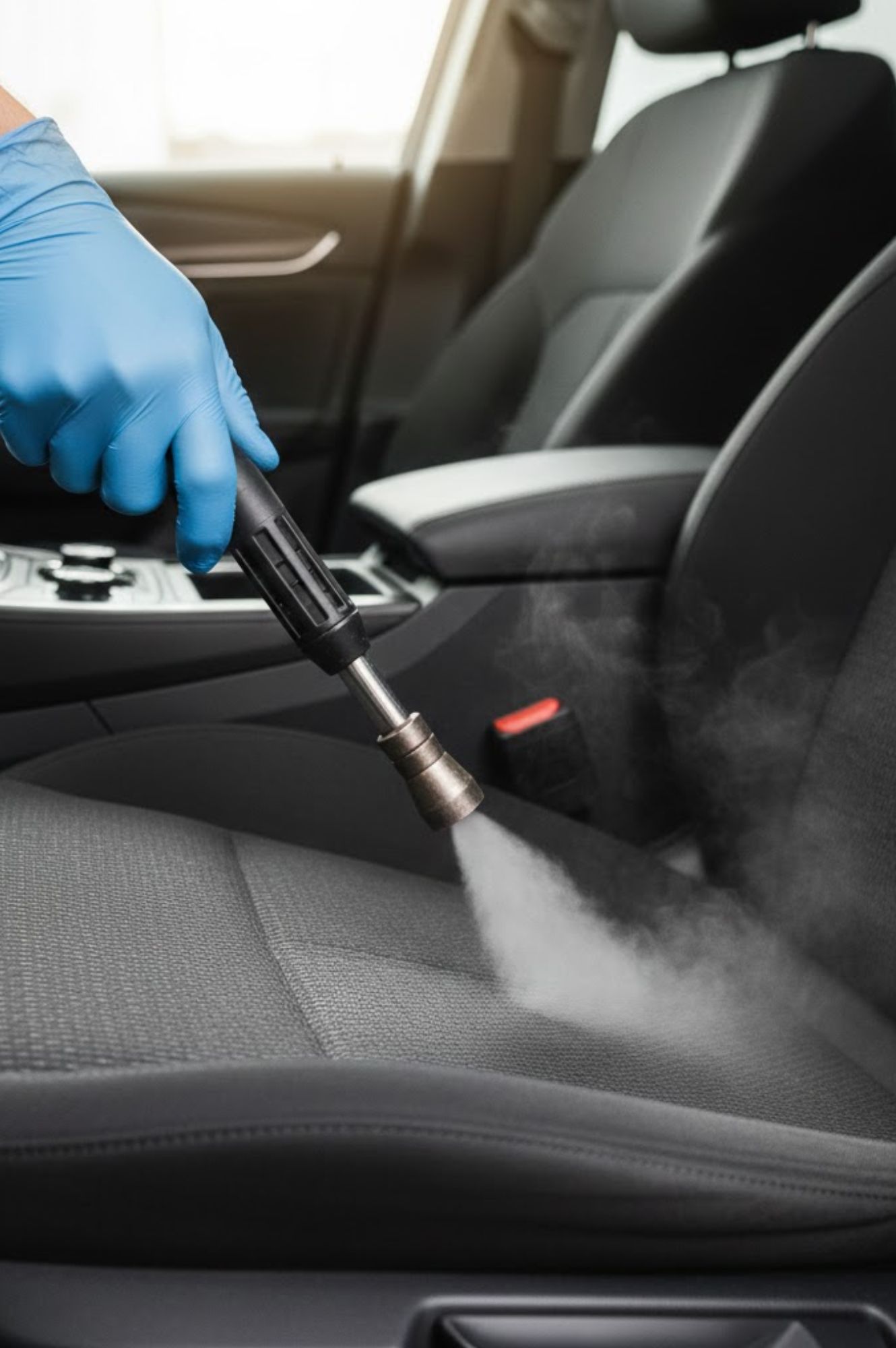 Limpieza a vapor de asiento de coche con guantes azules y dispositivo de vapor.
